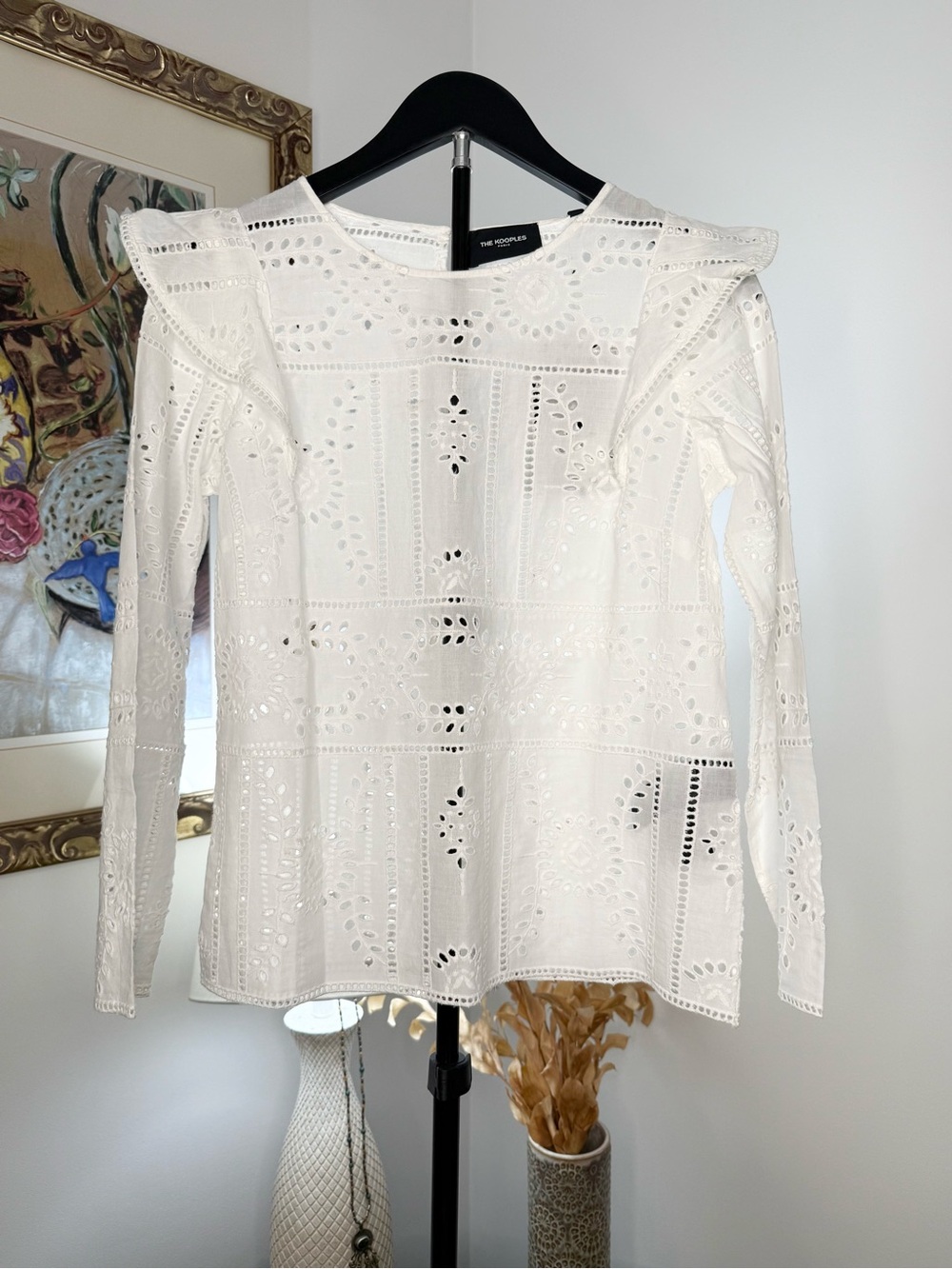 The Kooples White Eyelet Embroidered Ruffle Blouse Top Size 1 Cotton $245